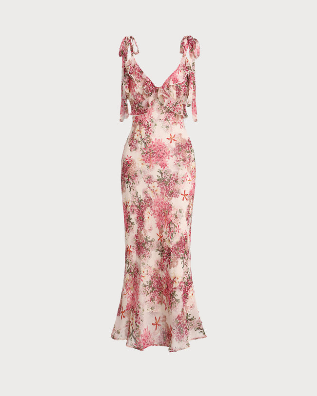 Rya™ | Elegant Floral Ruffle Tie Strap Midi Dress