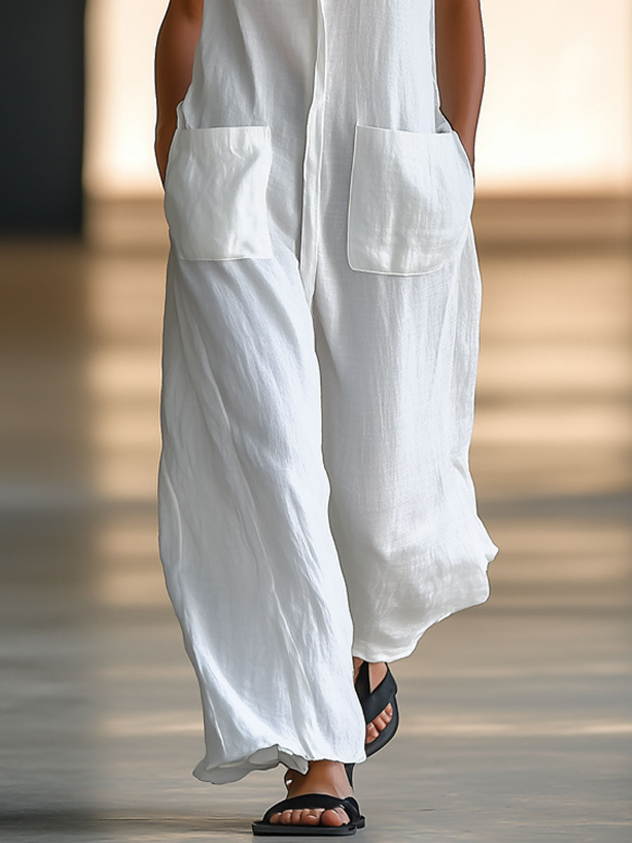 Zina™ | White Retro Loose Casual Jumpsuit