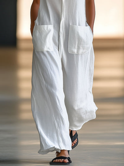 Zina™ | White Retro Loose Casual Jumpsuit