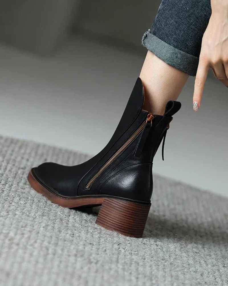 Garciel™ | Black Leather Ankle Boots with Comfortable Heel
