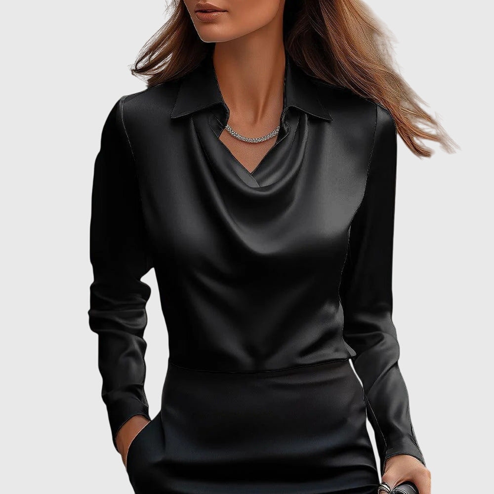 Sylvie™ | Blouse with Luxurious Shine & Pleated Neckline
