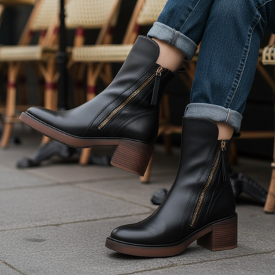Maureen™ | Black leather boots with a comfortable heel, elegant and timeless