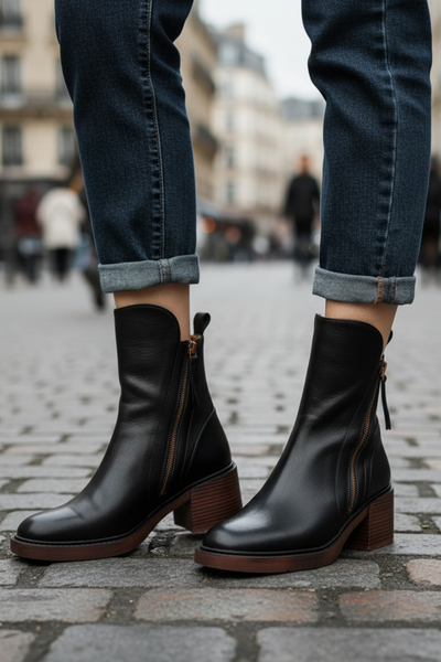 Maureen™ | Black leather boots with a comfortable heel, elegant and timeless
