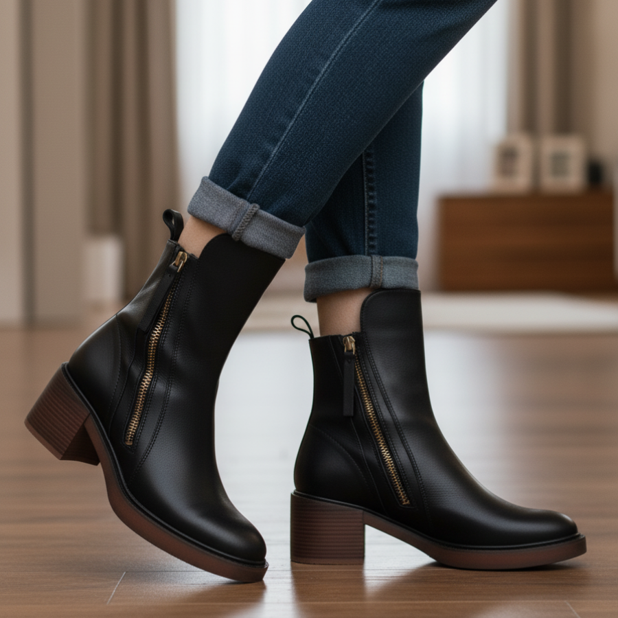 Maureen™ | Black leather boots with a comfortable heel, elegant and timeless