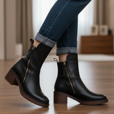 Maureen™ | Black leather boots with a comfortable heel, elegant and timeless