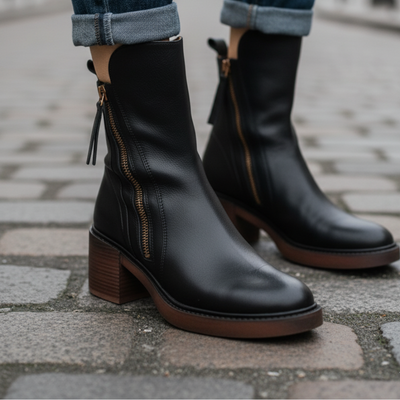 Maureen™ | Black leather boots with a comfortable heel, elegant and timeless