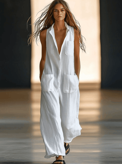 Zina™ | White Retro Loose Casual Jumpsuit