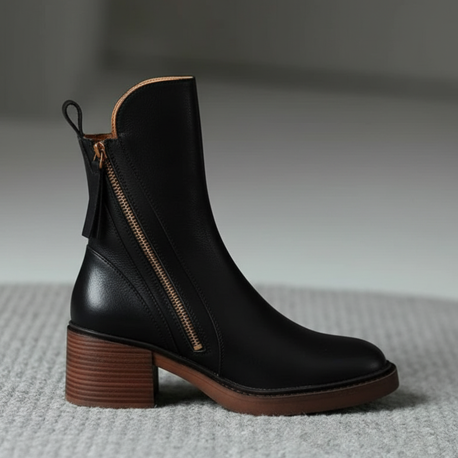 Maureen™ | Black leather boots with a comfortable heel, elegant and timeless