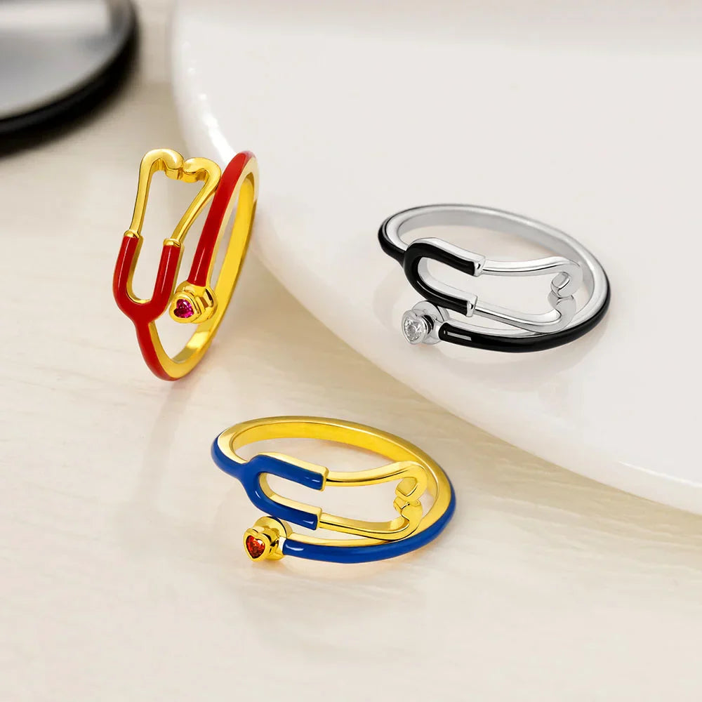 Stethoscope Ring with Heart Birthstone
