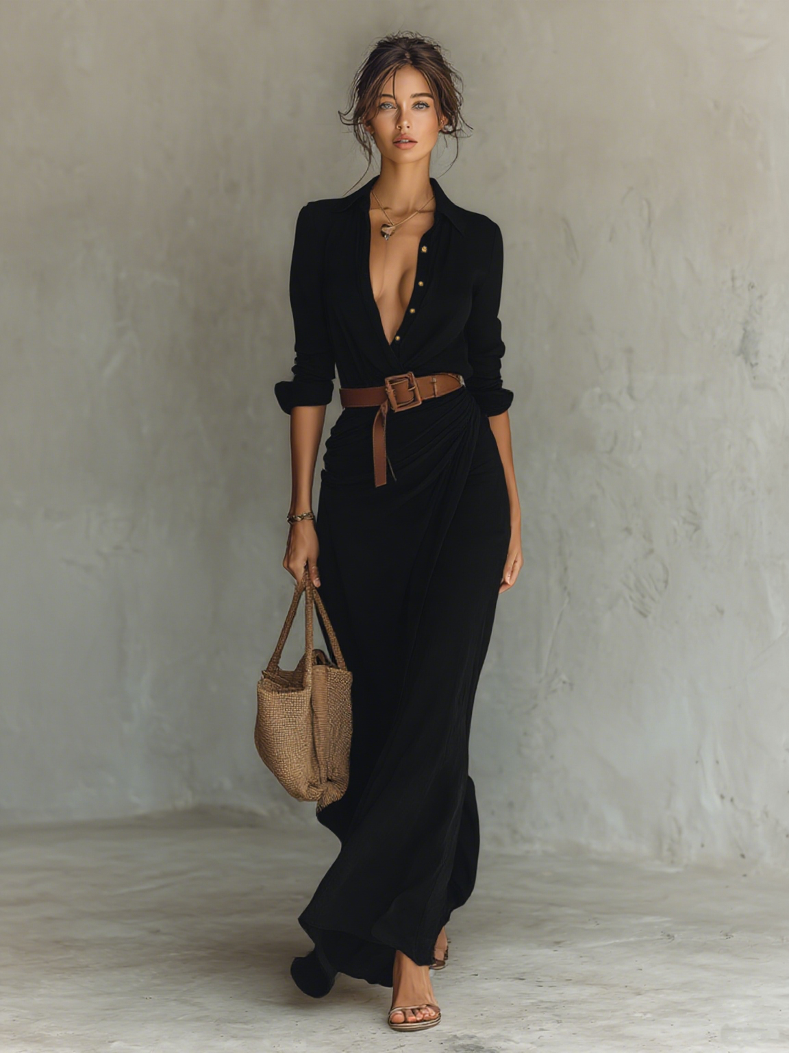 Curini™ | Long Maxi Dress with Lapel Collar & Belt Included