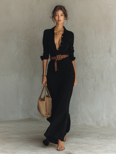 Curini™ | Long Maxi Dress with Lapel Collar & Belt Included
