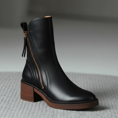 Maureen™ | Black leather boots with a comfortable heel, elegant and timeless
