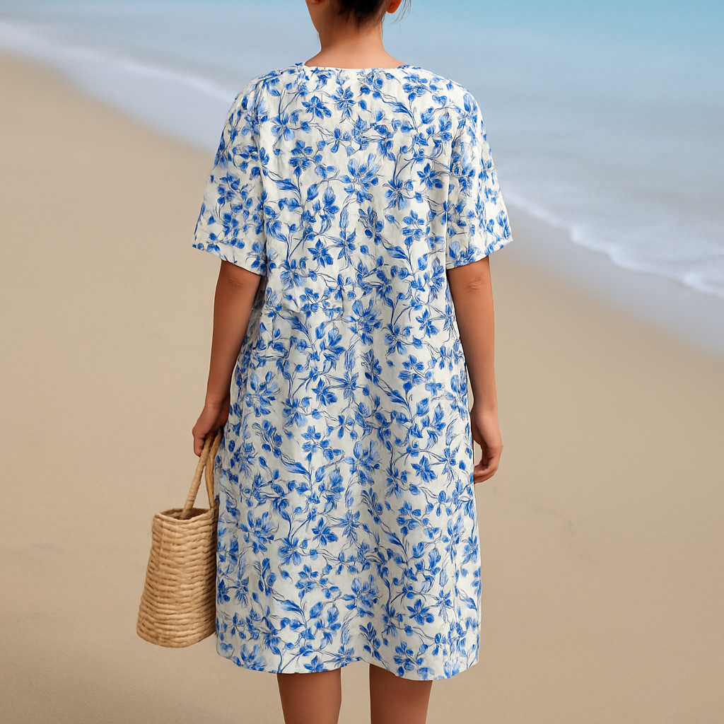Femke™ | Ivory dress with flowers in porcelain blue