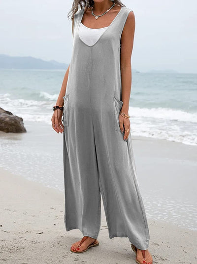 Relaxed overall with deep V-neck and two side pockets