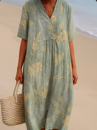 Olivia™ | Blue-gray dress with floral embroidery