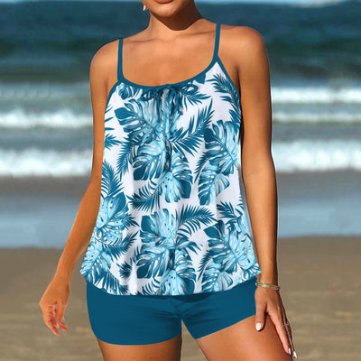 Light Tropical Plant Print Tankini Set Blue | Last Day 80% Off!
