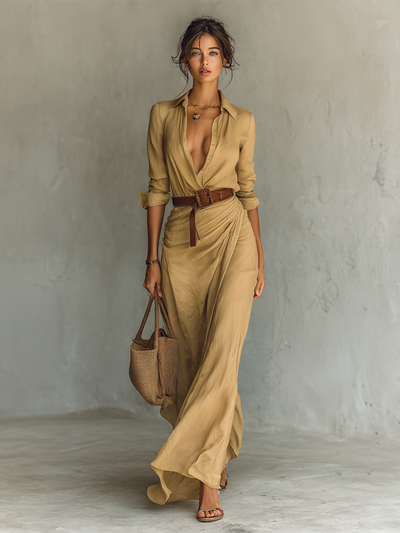 Curini™ | Long Maxi Dress with Lapel Collar & Belt Included