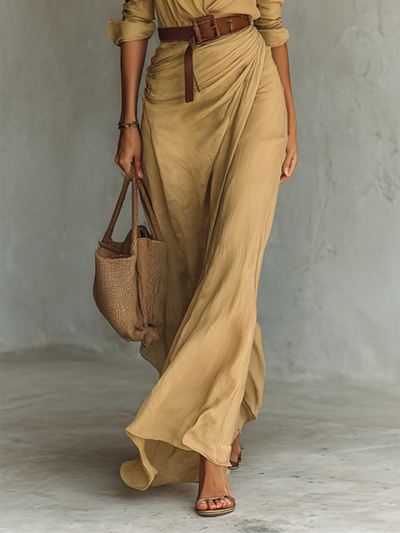 Curini™ | Long Maxi Dress with Lapel Collar & Belt Included