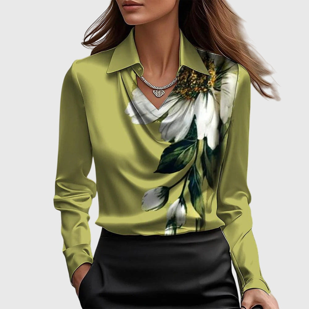 Sylvie™ | Blouse with Luxurious Shine & Pleated Neckline