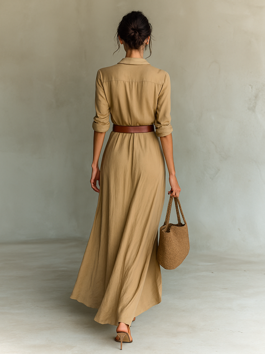 Curini™ | Long Maxi Dress with Lapel Collar & Belt Included